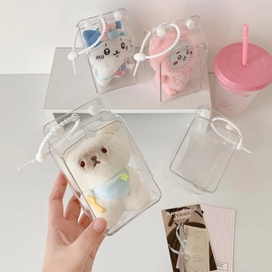 Transparent milk box clear display bag for plush dolls with soft white woven rope handles