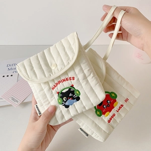 Quilted sanitary napkin organizer bag with cute cat embroidery and convenient handle