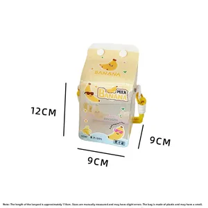 Detail of banana milk carton bag with adjustable yellow strap and transparent PVC body