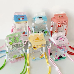 Cute Cartoon Milk Box Shape Transparent PVC Crossbody Bag For Doll Display Storage Handbag With Colorful Shoulder Strap