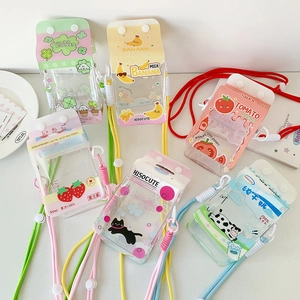 Flat lay view of cute cartoon milk carton style PVC cross-body doll display bags