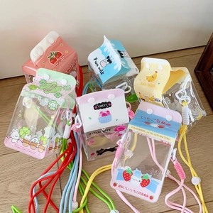 Detail of transparent PVC milk carton shaped doll display bags with colorful straps