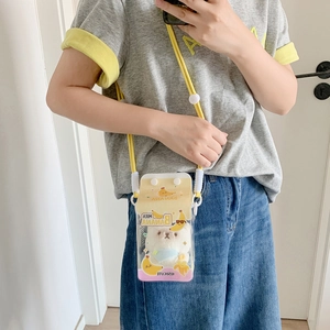 Banana milk carton clear PVC crossbody bag with plush bear and yellow strap