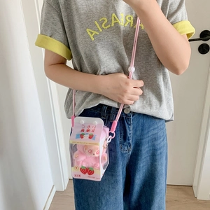 Pink strawberry milk carton clear ita bag with plush bear doll for doll collectors