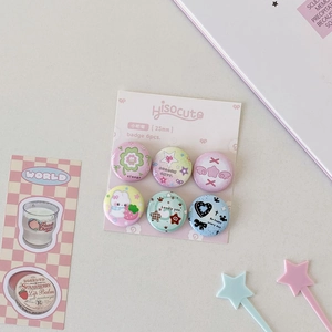 Set of 6 cute 25mm cartoon badges featuring pink and purple stars, hearts, and rabbits