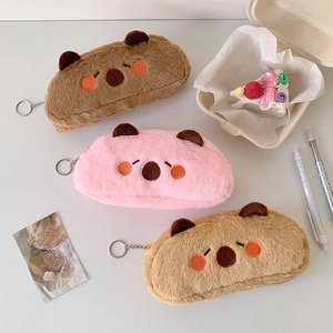 Three plush bear pencil cases in brown and pink with embroidery and metal keychains