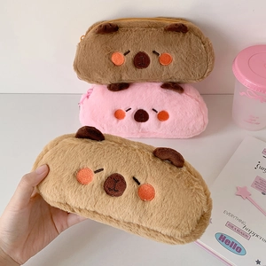 Cute capybara plush pencil case for students, featuring soft faux fur and three colors