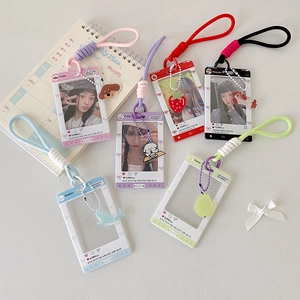 Cute Acrylic Card Holder With Lanyard Cartoon Photo Protector For Students Idol Small Cards Sliding Cover Social Media Style