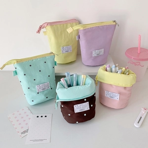 Telescopic Pencil Case Standing Pen Holder Large Capacity Canvas Pouch Polka Dot Solid Color Korean Style School Office Supplies For Students