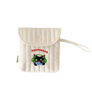 Quilted white sanitary napkin storage pouch with cat embroidery and snap button closure
