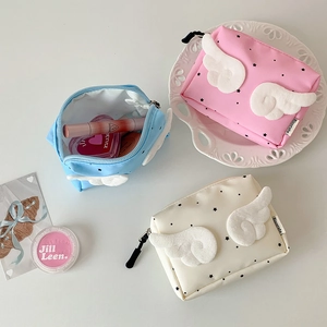 Mini wings zipper pouch with stars for earbuds and cosmetics in pink blue and cream