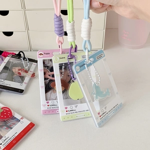 Cute cartoon acrylic card holder with colorful woven lanyards and animal charms