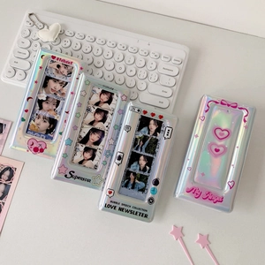 Silver holographic photo card holder with star and heart patterns for fan collections