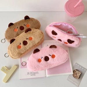 Cute Cartoon Animal Bear Capybara Plush Pencil Case Zippered Stationery Pouch School Office Desk Storage Organizer
