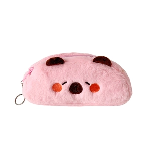 Cute pink plush animal pencil case with soft faux fur and embroidery for school storage