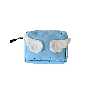 Light blue angel wing star cosmetic bag with plush wings and zipper closure