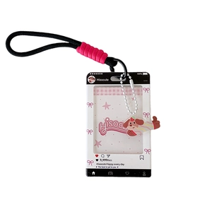 Cartoon acrylic card holder with dog charm and lanyard featuring social media design