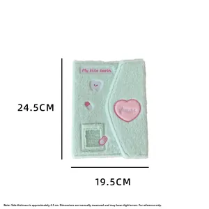Mint green plush A5 binder cover with cute embroidery and 19.5x24.5x4.5cm dimensions