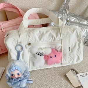 Quilted bow texture Boston bag with transparent pocket and plush doll in cream white
