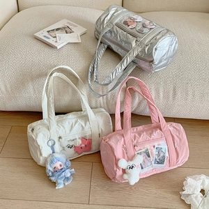 Quilted Ita bags with butterfly embroidery and clear display windows in pink, white, silver