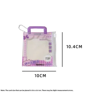 Detail of purple transparent PVC card holder with handle and bead chain dimensions