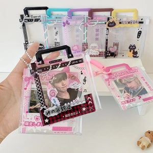 Korean Style Portable Transparent PVC Card Holder For Idol Photo Storage Bag Y2K Cartoon Protective Sleeve With Bead Chain