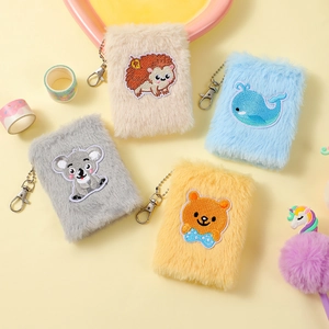 Mini plush animal notebooks with hedgehog and bear embroidery plus silver keychains