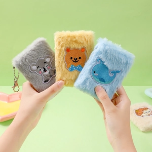 Plush cartoon mini notebooks with koala, bear, and whale embroidery on silver chains