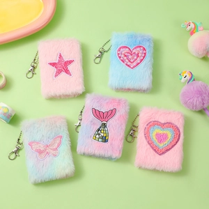 Detailed view of plush mini notebooks with embroidery and metal keychains