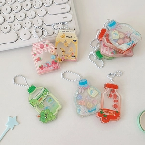 Cute Cartoon Drink Bottle Acrylic Shaker Keychain Fruit Milk Box Bag Pendant For Students Women Gift Accessory