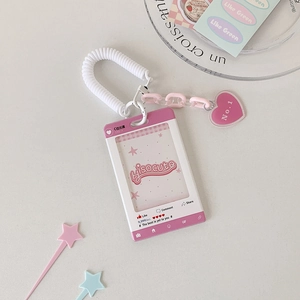 Rosa Fotokartenhalter mit Herzanhänger, Teleskopseil und Acrylkette im koreanischen Stil