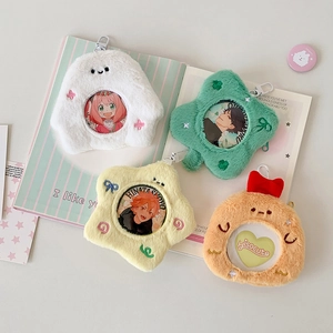Plush badge holders in clover, star, and cat shapes with transparent display windows