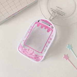 Pink mobile-phone shaped transparent PVC doll display bag with silver metal clip hook