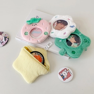 Cartoon plush badge holder collection including strawberry and star designs with hooks