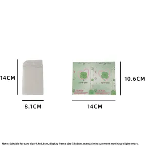 Detail view of transparent clover card holder set with dimensions and green decorative cards