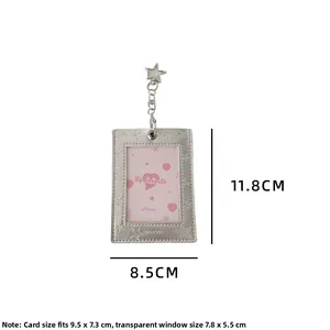 Silver star leather card holder dimensions shown with sparkling texture and star pendant