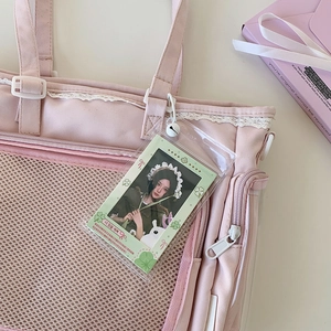 Pink canvas tote bag with white lace trim and transparent PVC photo card holder