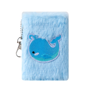 Mini light blue plush notebook with whale embroidery and silver chain keychain