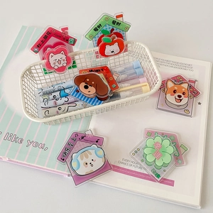 Cute acrylic cartoon animal magnets featuring shiba inu and bear in a white basket