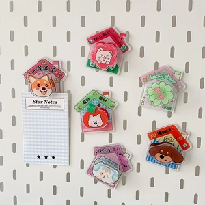 Detailed view of cartoon acrylic magnetic clips with lucky clover and house shapes