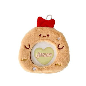 Cute brown plush star badge holder with a red bow and clear window for photo storage