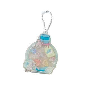 Cute acrylic ocean bottle keychain with shells, starfish and pink bow on a metal chain