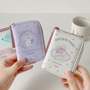 Cartoon PU leather coin purse with cute animal prints and zipper strap in soft colors