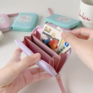 Cartoon PU leather mini wallet with accordion card slots and hand strap in macaron colors