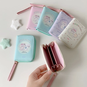 Cartoon PU leather short wallet set in macaron colors with accordion card slots and handle
