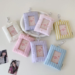 Photocard Holder Cloth Striped Heart Embroidery Card Sleeve Korean Ins Style With Hook For Student Bus Card Display