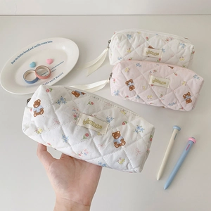 Quilted cotton makeup bag with cute bear and floral patterns for stationery and cosmetics
