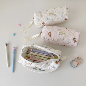 Quilted fabric stationery pouch with cute bear and floral patterns for school storage