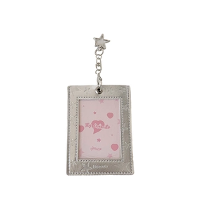 Silver star glitter 3-inch photo card holder with star-shaped metal keychain hook