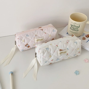 Cute bear pattern quilted cotton pencil case and cosmetic bag with ribbon zipper